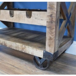 Industrial Rustic Solid Mango Wood And Black Metal Small Sideboard Cabinet With Wheels And Wine Rack