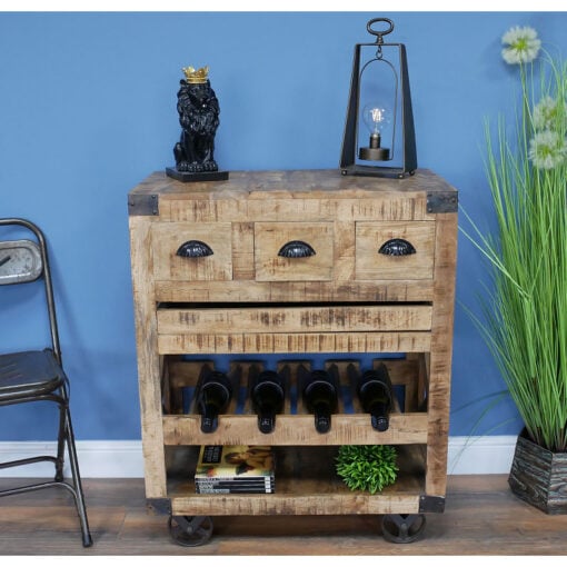 Industrial Rustic Solid Mango Wood And Black Metal Small Sideboard Cabinet With Wheels And Wine Rack