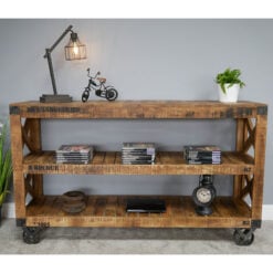 Industrial Rustic Solid Mango Wood Open Shelving Sideboard With Wheels 153cm