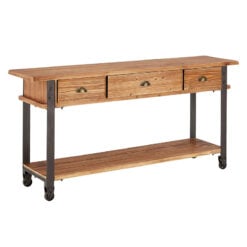 Large 3 Drawer Industrial Solid Wood And Black Metal 2 Tier Console Table With Wheels