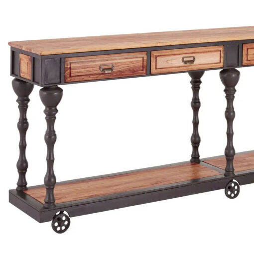 Large 4 Drawer Industrial Solid Elm Wood And Black Metal 2 Tier Console Table With Wheels