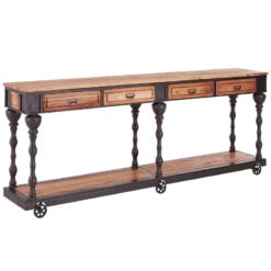 Large 4 Drawer Industrial Solid Elm Wood And Black Metal 2 Tier Console Table With Wheels