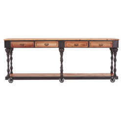 Large 4 Drawer Industrial Solid Elm Wood And Black Metal 2 Tier Console Table With Wheels