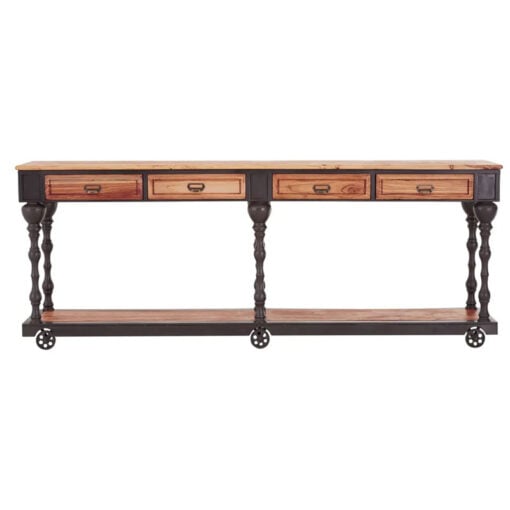 Large 4 Drawer Industrial Solid Elm Wood And Black Metal 2 Tier Console Table With Wheels
