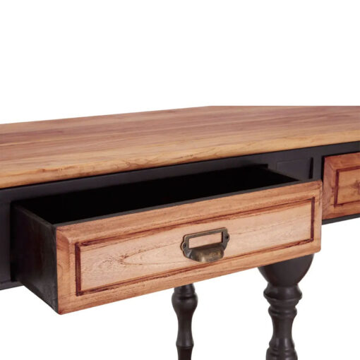 Large 4 Drawer Industrial Solid Elm Wood And Black Metal 2 Tier Console Table With Wheels