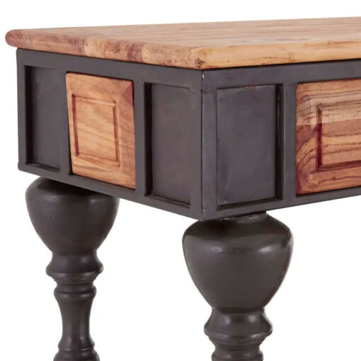 Large 4 Drawer Industrial Solid Elm Wood And Black Metal 2 Tier Console Table With Wheels