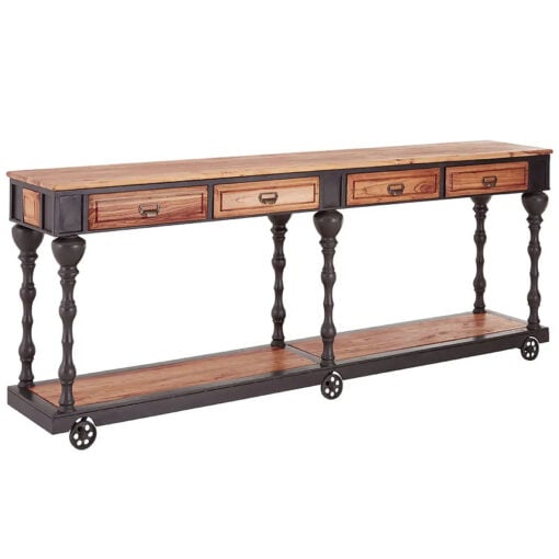 Large 4 Drawer Industrial Solid Elm Wood And Black Metal 2 Tier Console Table With Wheels