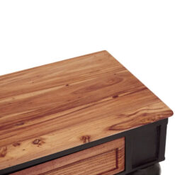 Large 4 Drawer Industrial Solid Elm Wood And Black Metal 2 Tier Console Table With Wheels