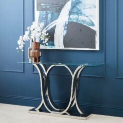 Modern Silver Chrome Metal Sweeping Arcs And Clear Glass Console Table