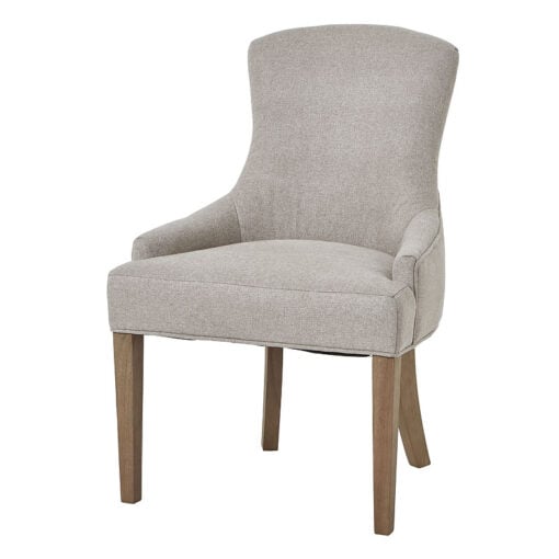 Set Of 2 Oatmeal Twill Fabric And Solid Oak Wood Scoop Back Curved Dining Chairs