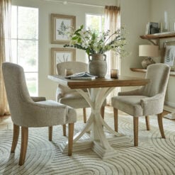 Set Of 2 Taupe Woven Fabric And Solid Rubberwood Scoop Back Studded Dining Chairs