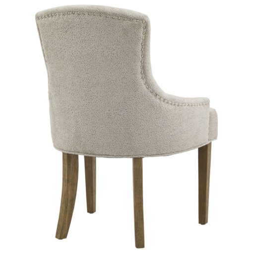 Set Of 2 Taupe Woven Fabric And Solid Rubberwood Scoop Back Studded Dining Chairs