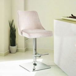 Taupe Velvet And Chrome Metal Bar Stool With Chrome Square Knocker