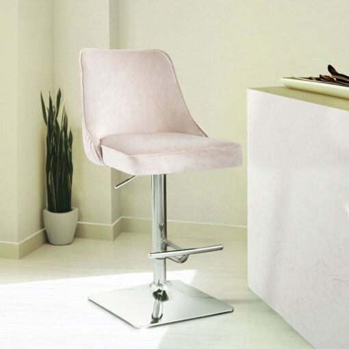 Taupe Velvet And Chrome Metal Bar Stool With Chrome Square Knocker