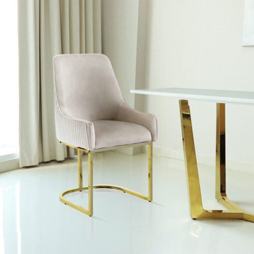 Taupe Velvet And Gold Metal Tub Dining Chair With Gold Square Knocker