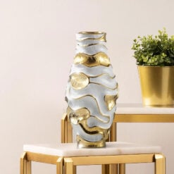 White And Gold Textured Ripples Ceramic Vase Home Decor Accessory 36cm