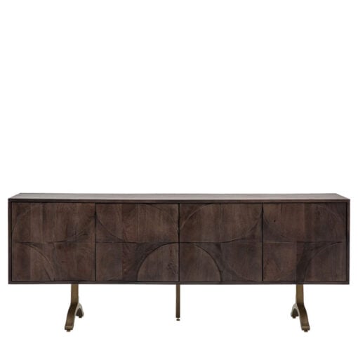 Boho Bauhaus Solid Dark Mango Wood Carved Large Sideboard TV Stand With Antique Gold Metal Feet 180cm