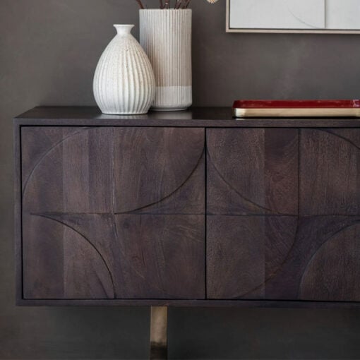 Boho Bauhaus Solid Dark Mango Wood Carved Large Sideboard TV Stand With Antique Gold Metal Feet 180cm