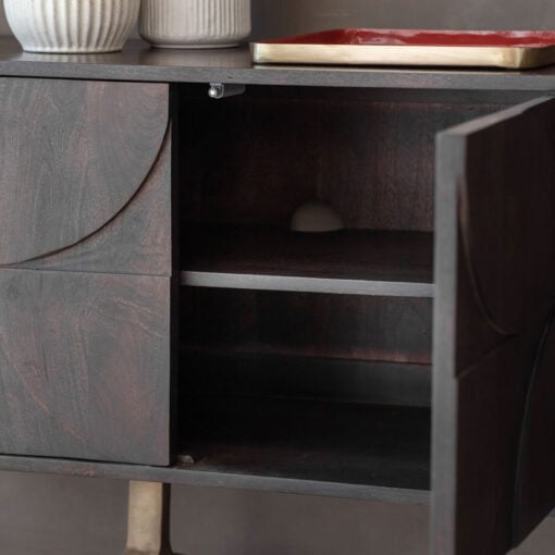 Boho Bauhaus Solid Dark Mango Wood Carved Large Sideboard TV Stand With Antique Gold Metal Feet 180cm