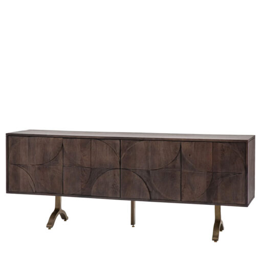 Boho Bauhaus Solid Dark Mango Wood Carved Large Sideboard TV Stand With Antique Gold Metal Feet 180cm