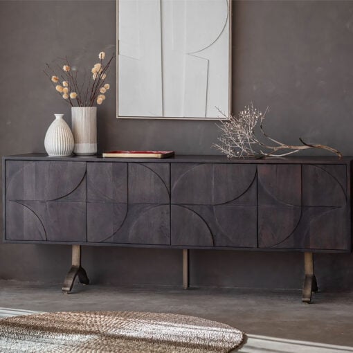 Boho Bauhaus Solid Dark Mango Wood Carved Large Sideboard TV Stand With Antique Gold Metal Feet 180cm
