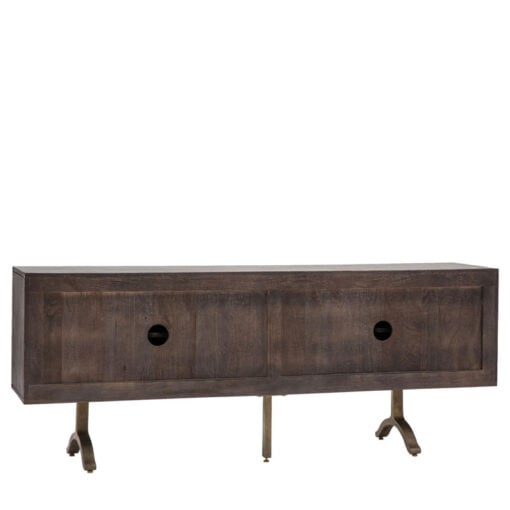 Boho Bauhaus Solid Dark Mango Wood Carved Large Sideboard TV Stand With Antique Gold Metal Feet 180cm