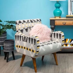 Boho Berber Grey And Yellow Geometric Cotton Armchair With Solid Mango Wood Legs