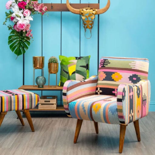 Boho Berber Multicolour Armchair Accent Chair With Solid Mango Wood Legs