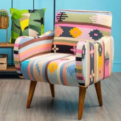 Boho Berber Multicolour Armchair Accent Chair With Solid Mango Wood Legs