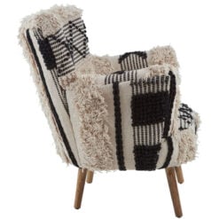 Boho Berber Shaggy Black And White Chevron Armchair Accent Chair With Solid Mango Wood Legs