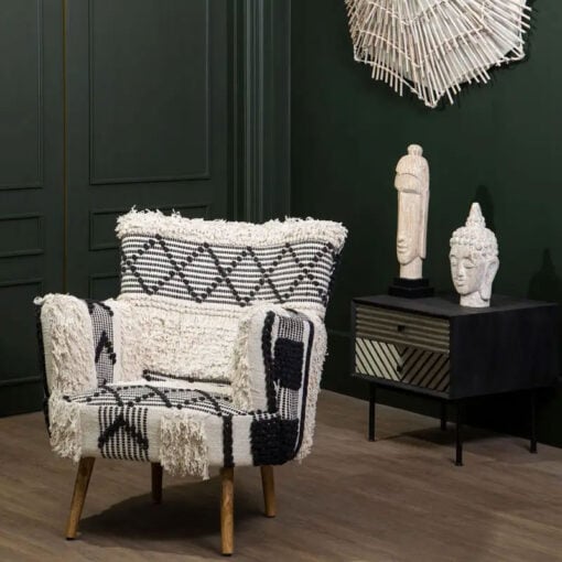 Boho Berber Shaggy Black And White Chevron Armchair Accent Chair With Solid Mango Wood Legs