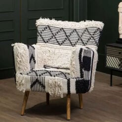 Boho Berber Shaggy Black And White Chevron Armchair Accent Chair With Solid Mango Wood Legs