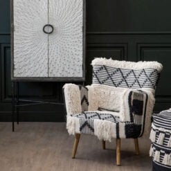 Boho Berber Shaggy Black And White Chevron Armchair Accent Chair With Solid Mango Wood Legs