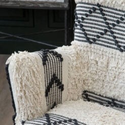 Boho Berber Shaggy Black And White Chevron Armchair Accent Chair With Solid Mango Wood Legs