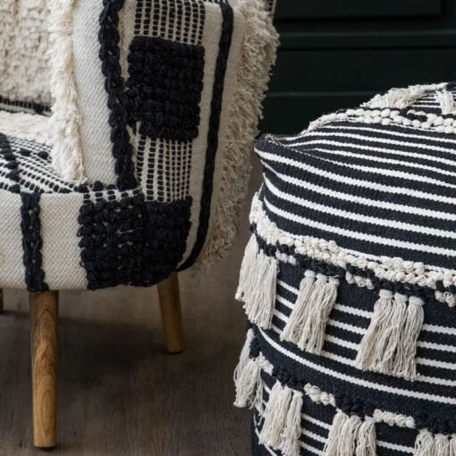 Boho Berber Shaggy Black And White Chevron Armchair Accent Chair With Solid Mango Wood Legs