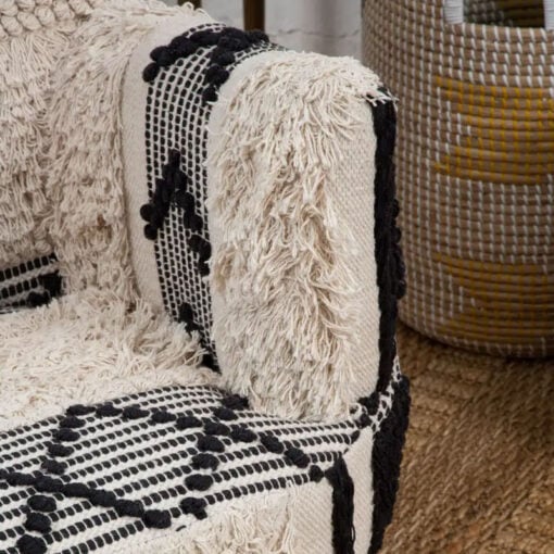 Boho Berber Shaggy Black And White Chevron Armchair Accent Chair With Solid Mango Wood Legs