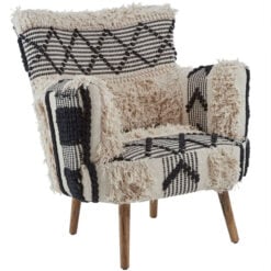 Boho Berber Shaggy Black And White Chevron Armchair Accent Chair With Solid Mango Wood Legs