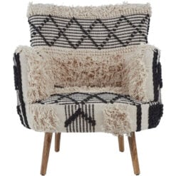 Boho Berber Shaggy Black And White Chevron Armchair Accent Chair With Solid Mango Wood Legs