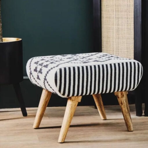 Boho Black And White Geometric Cotton And Solid Mango Wood Stool Footstool