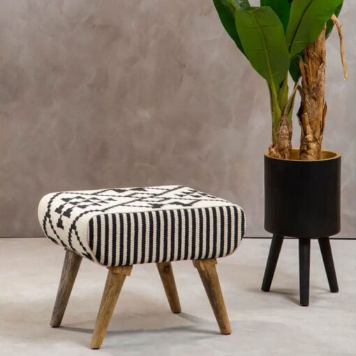 Boho Black And White Geometric Cotton And Solid Mango Wood Stool Footstool