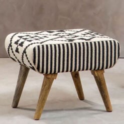 Boho Black And White Geometric Cotton And Solid Mango Wood Stool Footstool