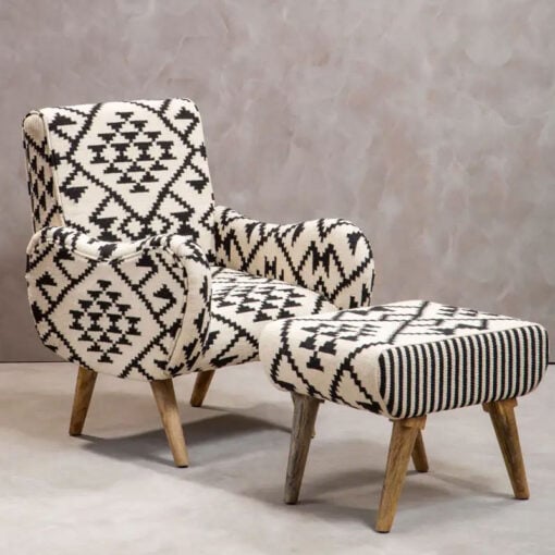 Boho Black And White Geometric Cotton And Solid Mango Wood Stool Footstool