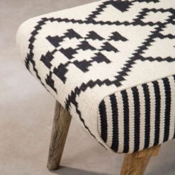 Boho Black And White Geometric Cotton And Solid Mango Wood Stool Footstool