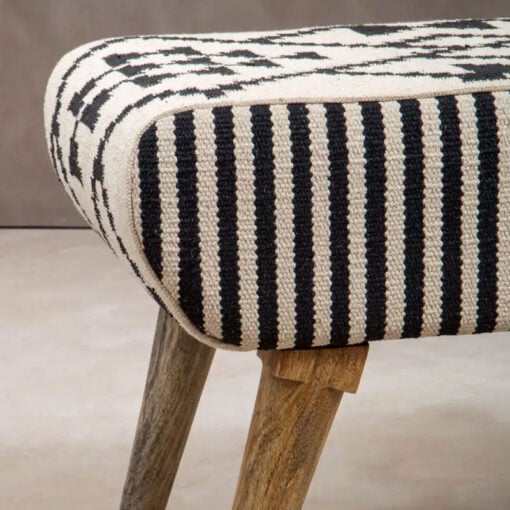 Boho Black And White Geometric Cotton And Solid Mango Wood Stool Footstool