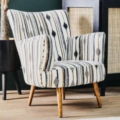 Boho Black And White Linear Diamond Pattern Armchair With Solid Mango Wood Legs