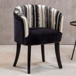 Boho Black And White Tribal Pattern Studded Tub Armchair With Solid Dark Mango Wood Legs