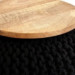 Boho Black Chunky Weave Cotton And Mango Wood Pouffe Stool Footstool