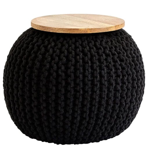 Boho Black Chunky Weave Cotton And Mango Wood Pouffe Stool Footstool