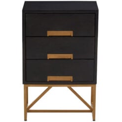 Boho Black Solid Mango Wood And Gold Metal 3 Drawer Bedside Cabinet Side Table