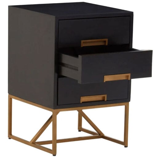 Boho Black Solid Mango Wood And Gold Metal 3 Drawer Bedside Cabinet Side Table